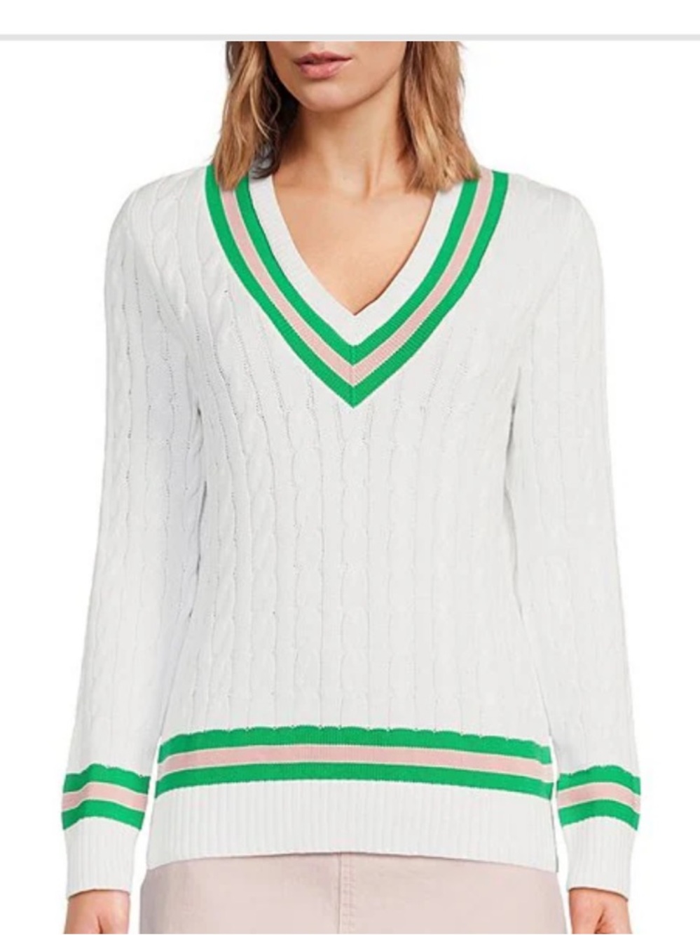 Lilly Pulitzer Brockton Cable Knit V-Neck Long Sleeve Stripe Detail Sweater XL